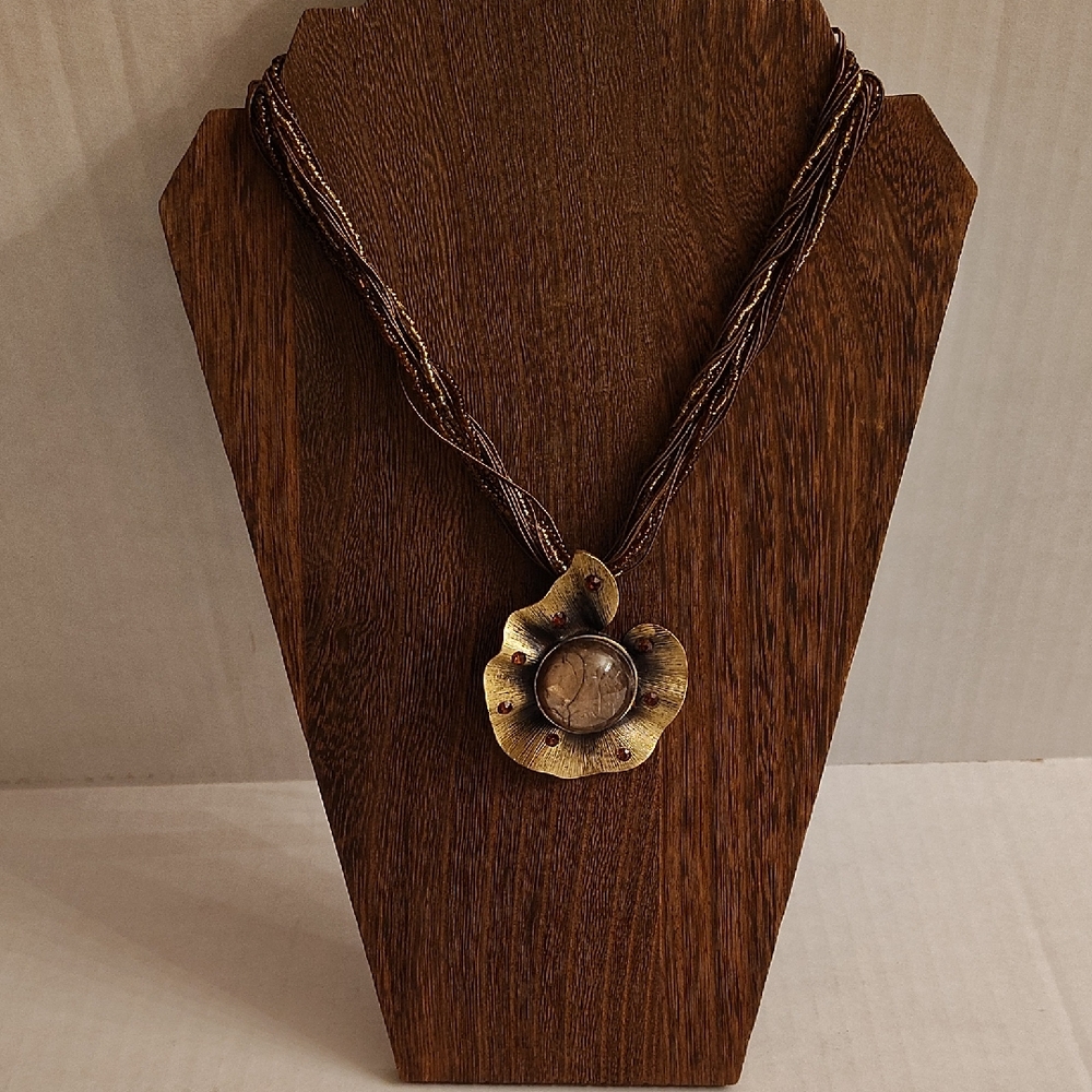Artistic Stylist Chunky Gold and Brown Floral Pendant Necklace PBD